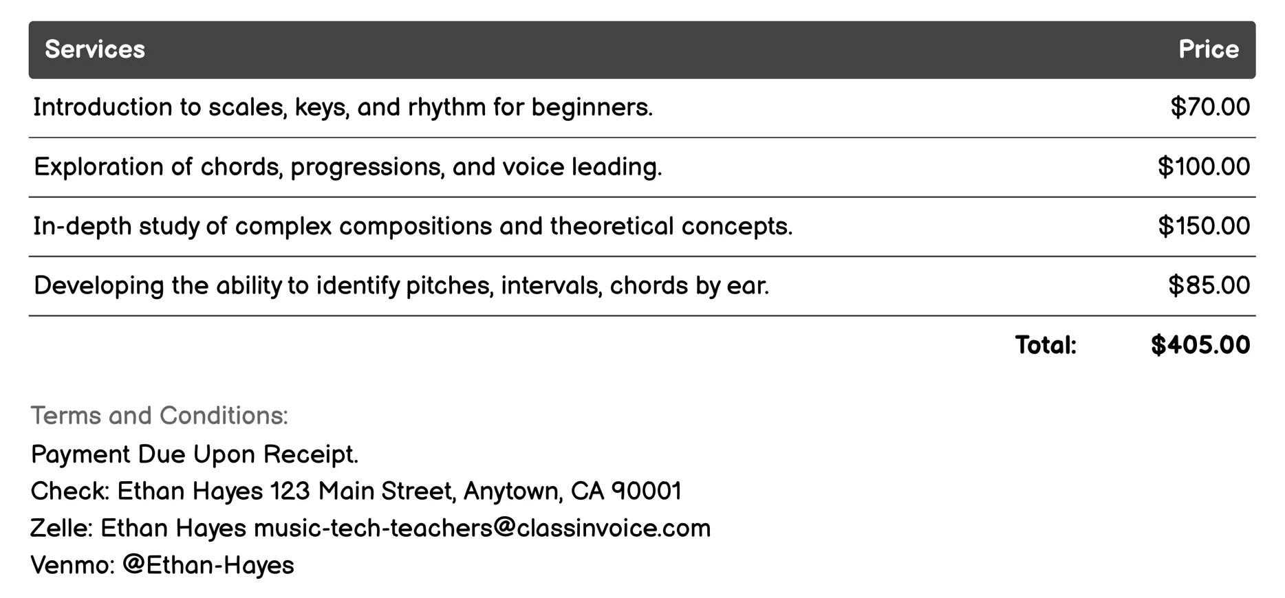 Music Theory Tutoring Invoice Example