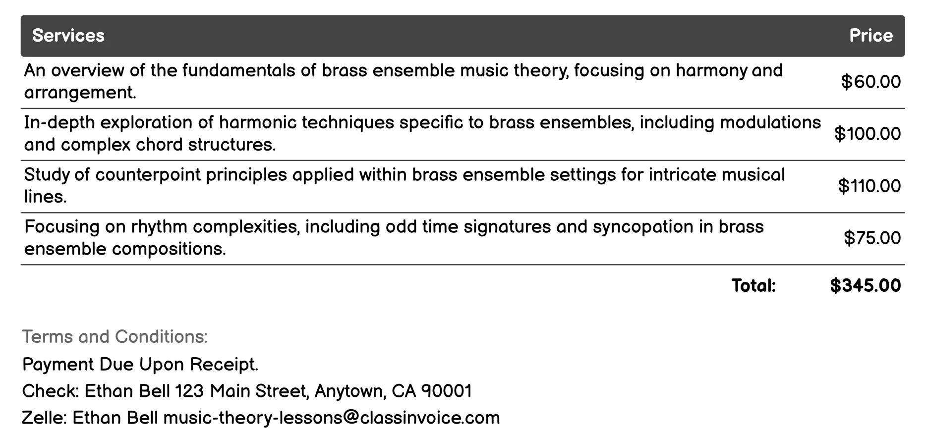 Brass Ensemble Theory Coaching Invoice Example