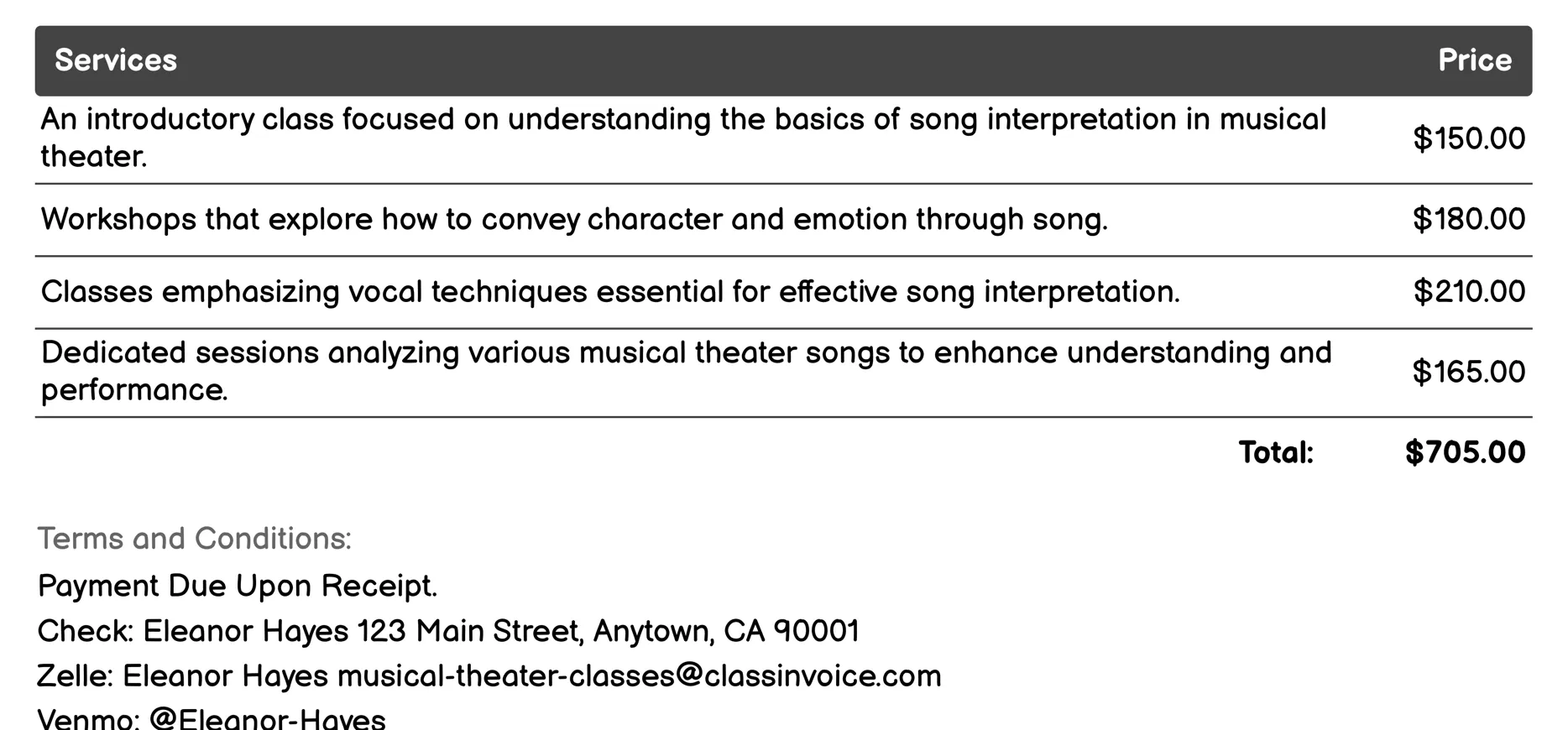 Song Interpretation Invoice Example