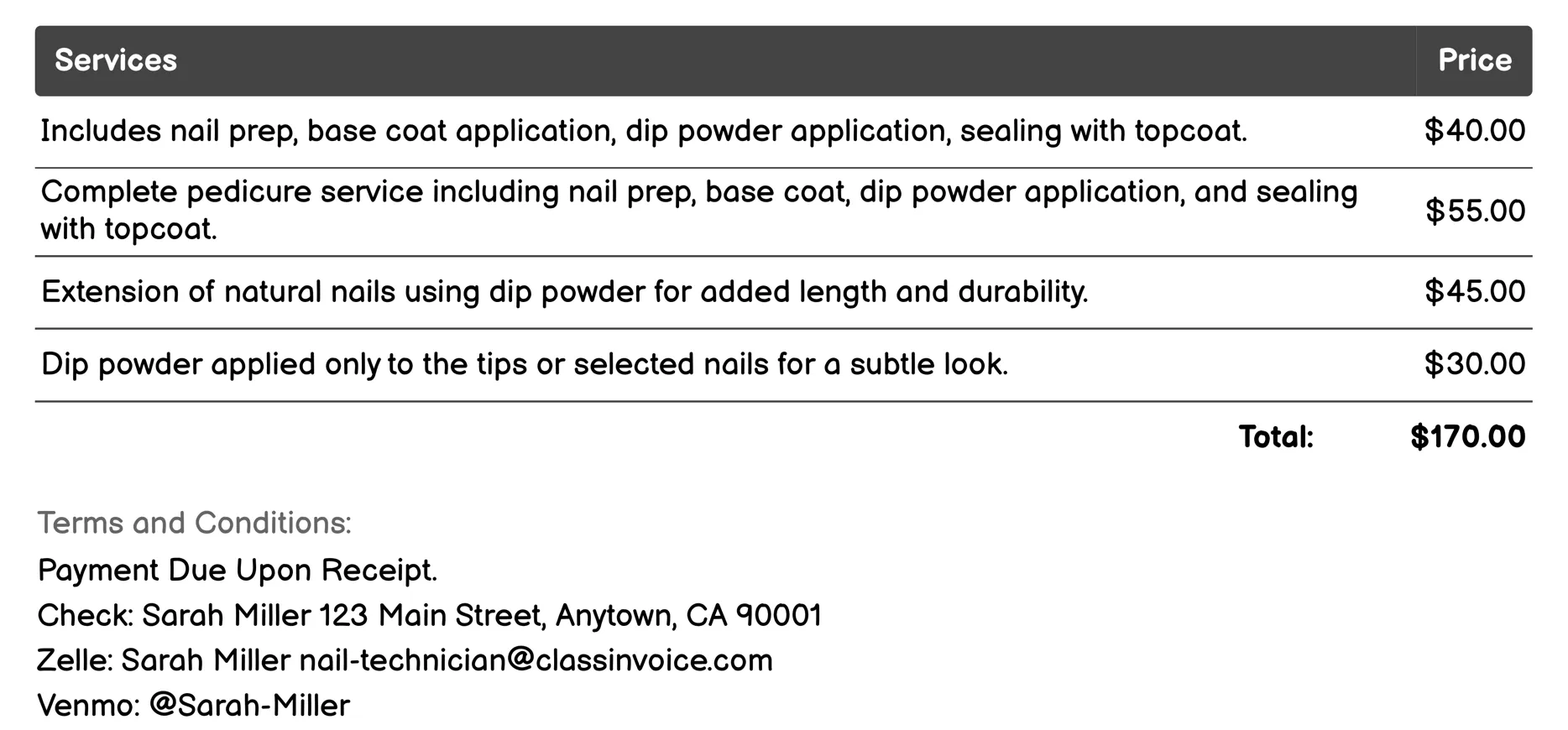 Dip Powder Nails Invoice Example