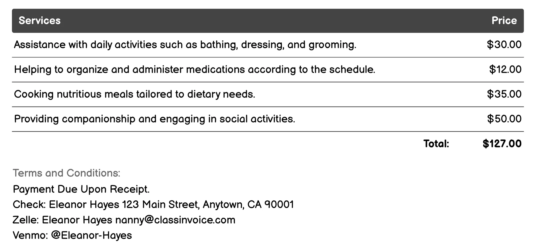 Elderly Companion Nanny Invoice Example
