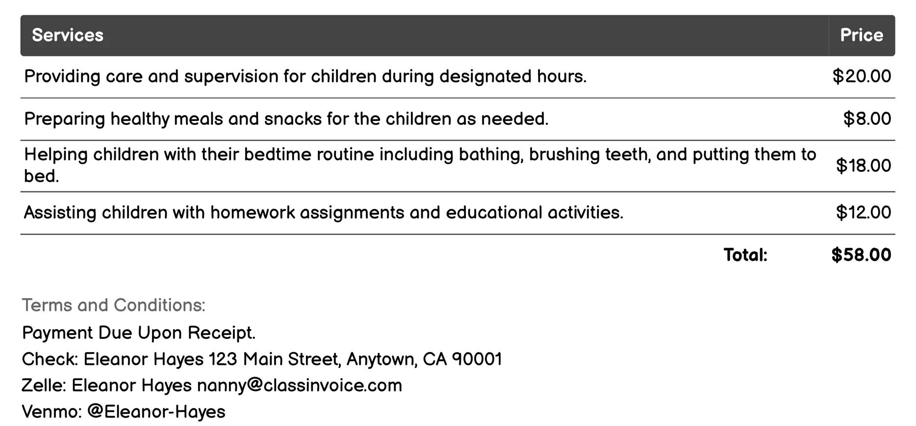 Part-time Nanny Invoice Example