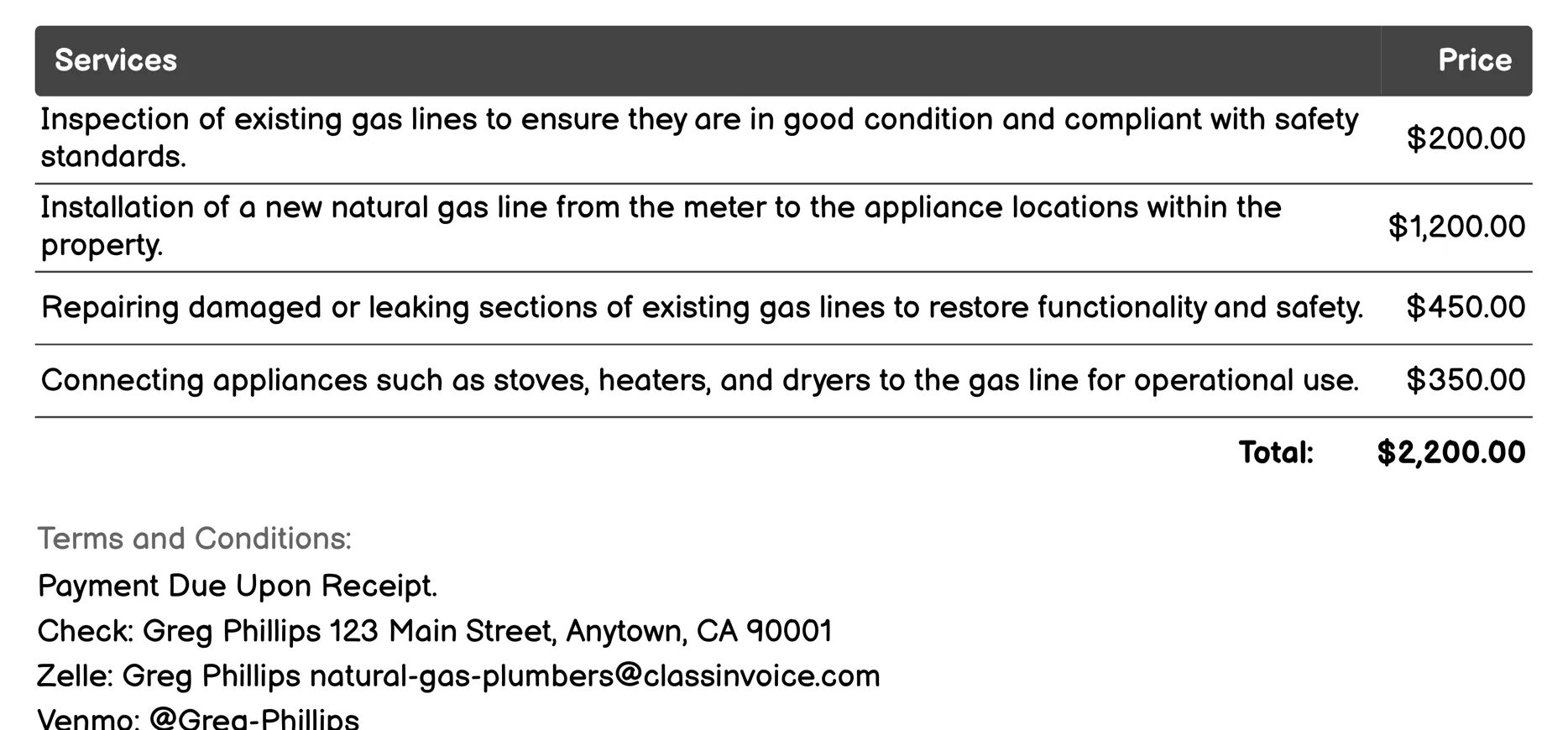 Gas Line Installation Invoice Example