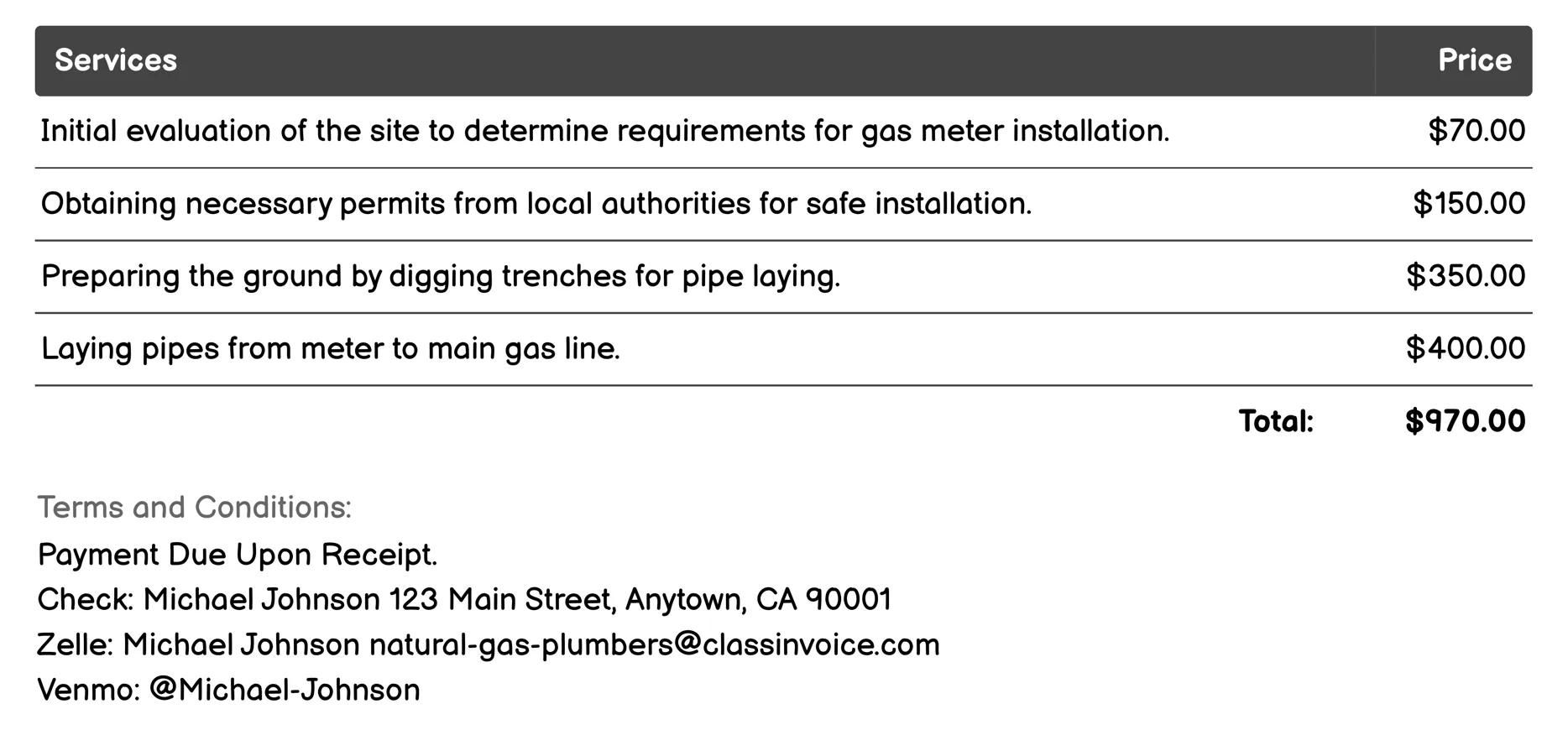 Gas Meter Installation Invoice Example