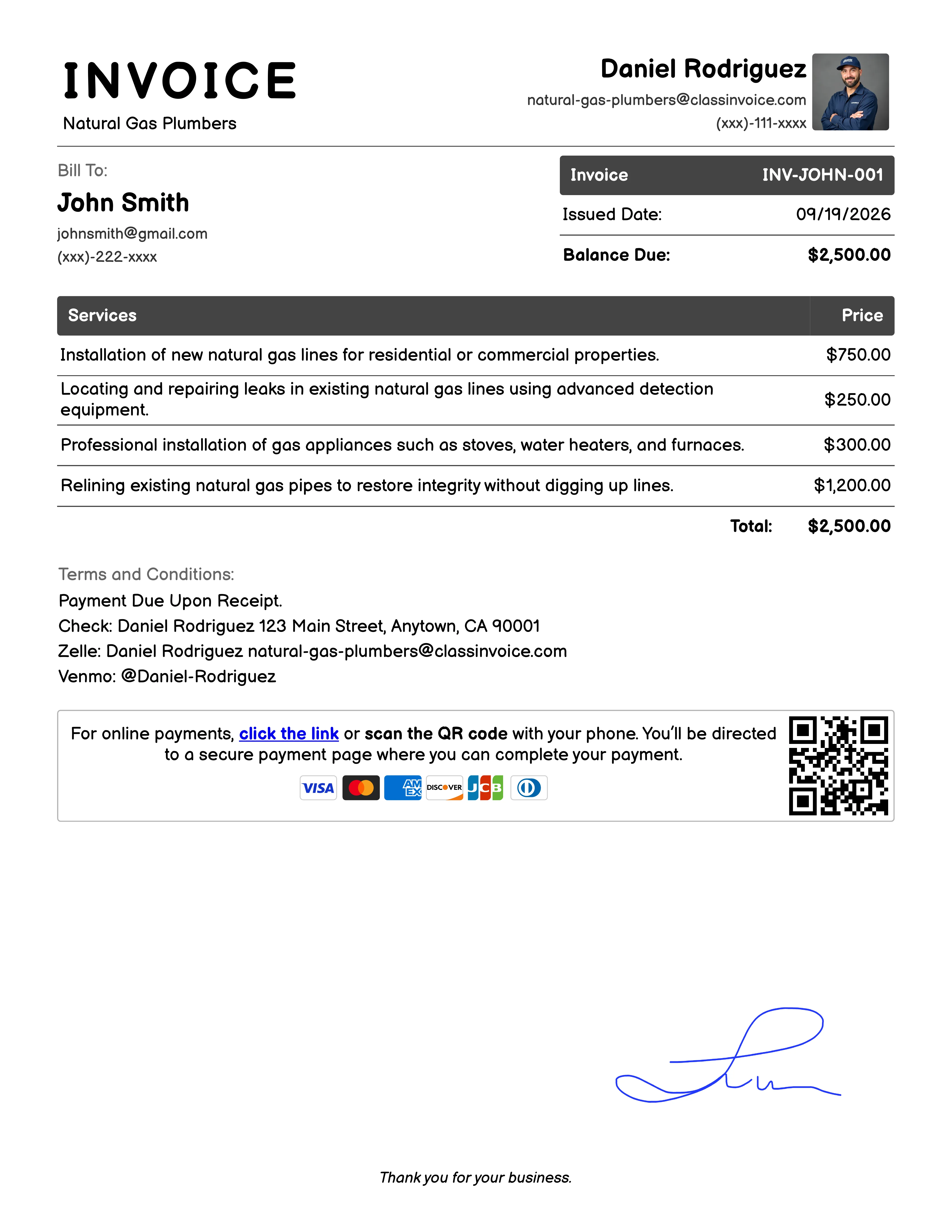 Natural Gas Plumbers Invoice Example