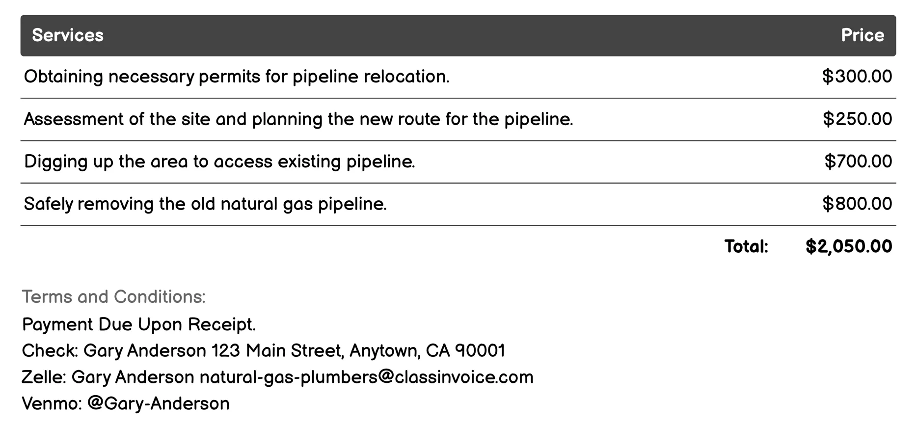 Pipeline Relocation Invoice Example