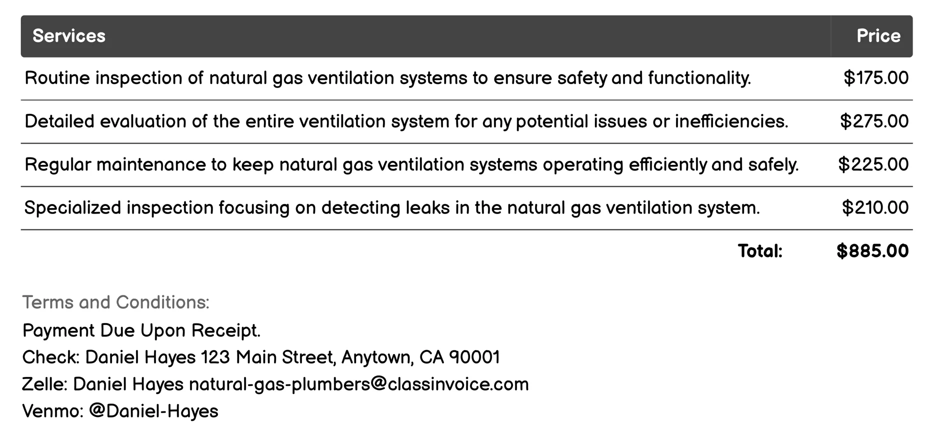 Ventilation System Inspection Invoice Example