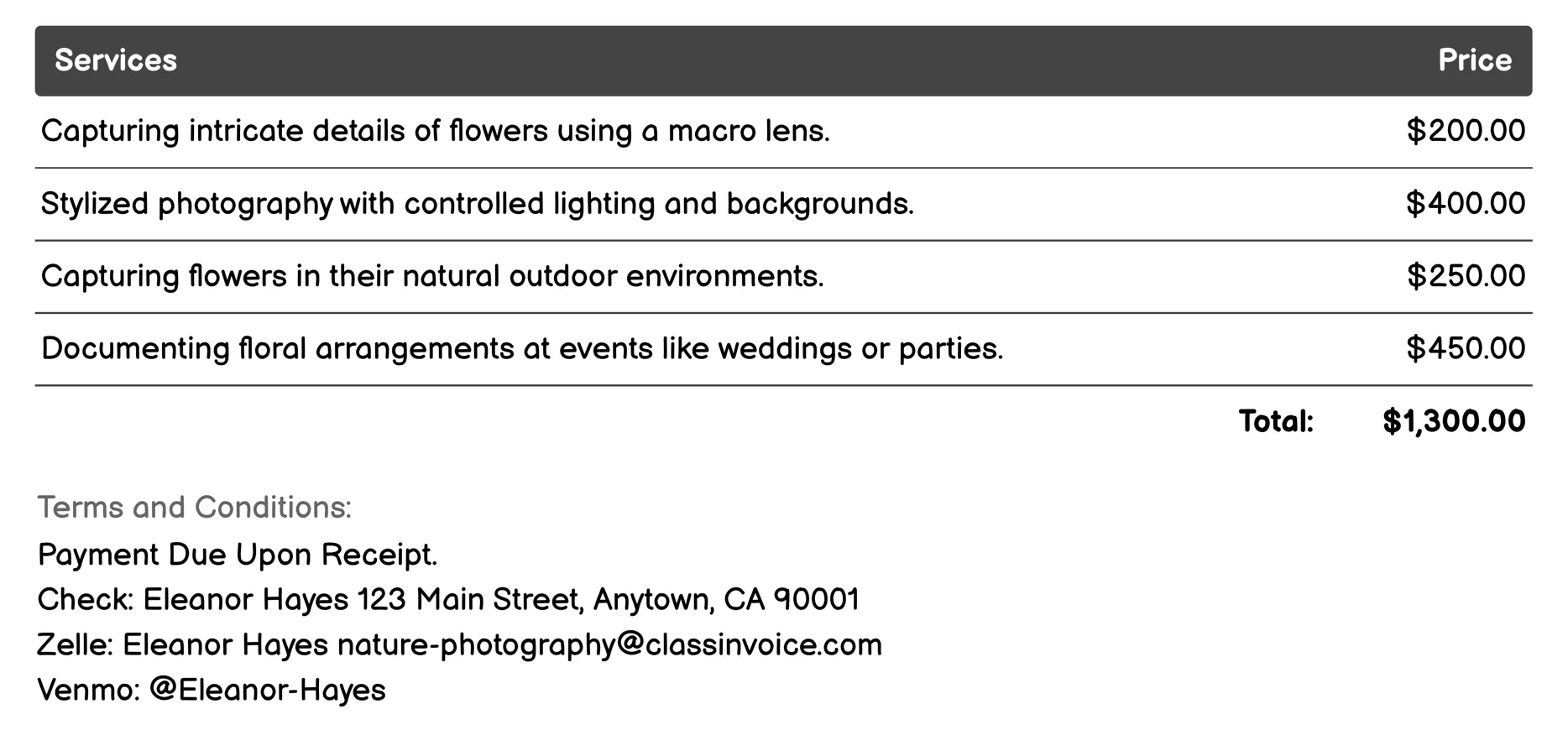 Floral Photography Invoice Example