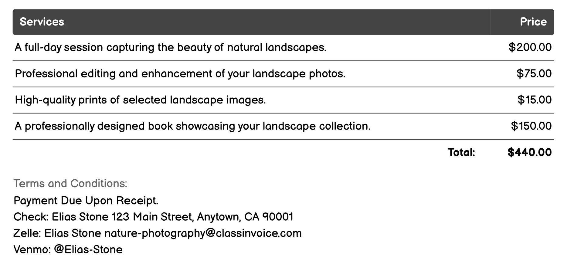 Landscape Photography Invoice Example