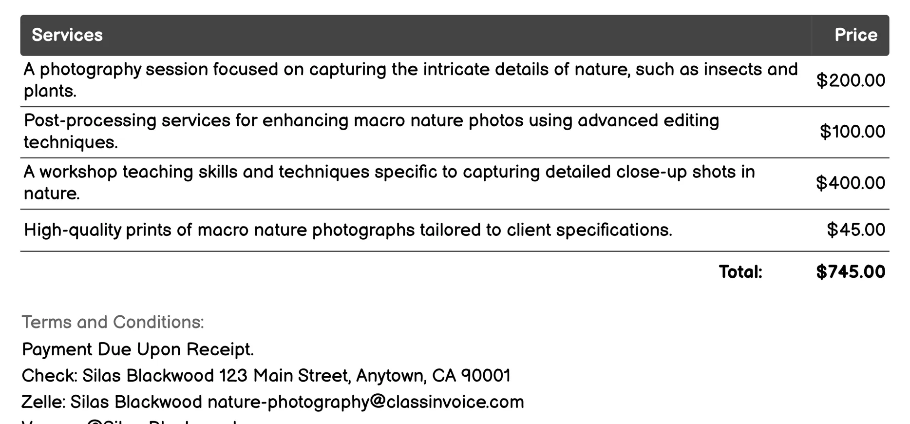 Macro Nature Photography Invoice Example