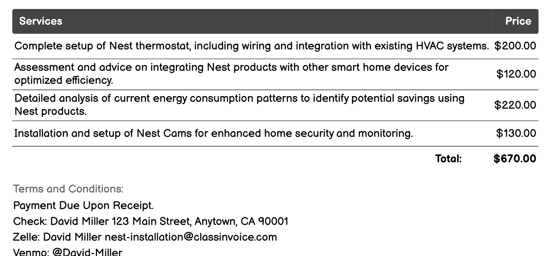 Nest Energy Efficiency Consultation Invoice Example