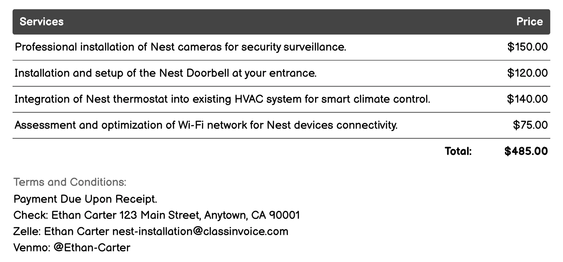 Nest Security System Setup Invoice Example