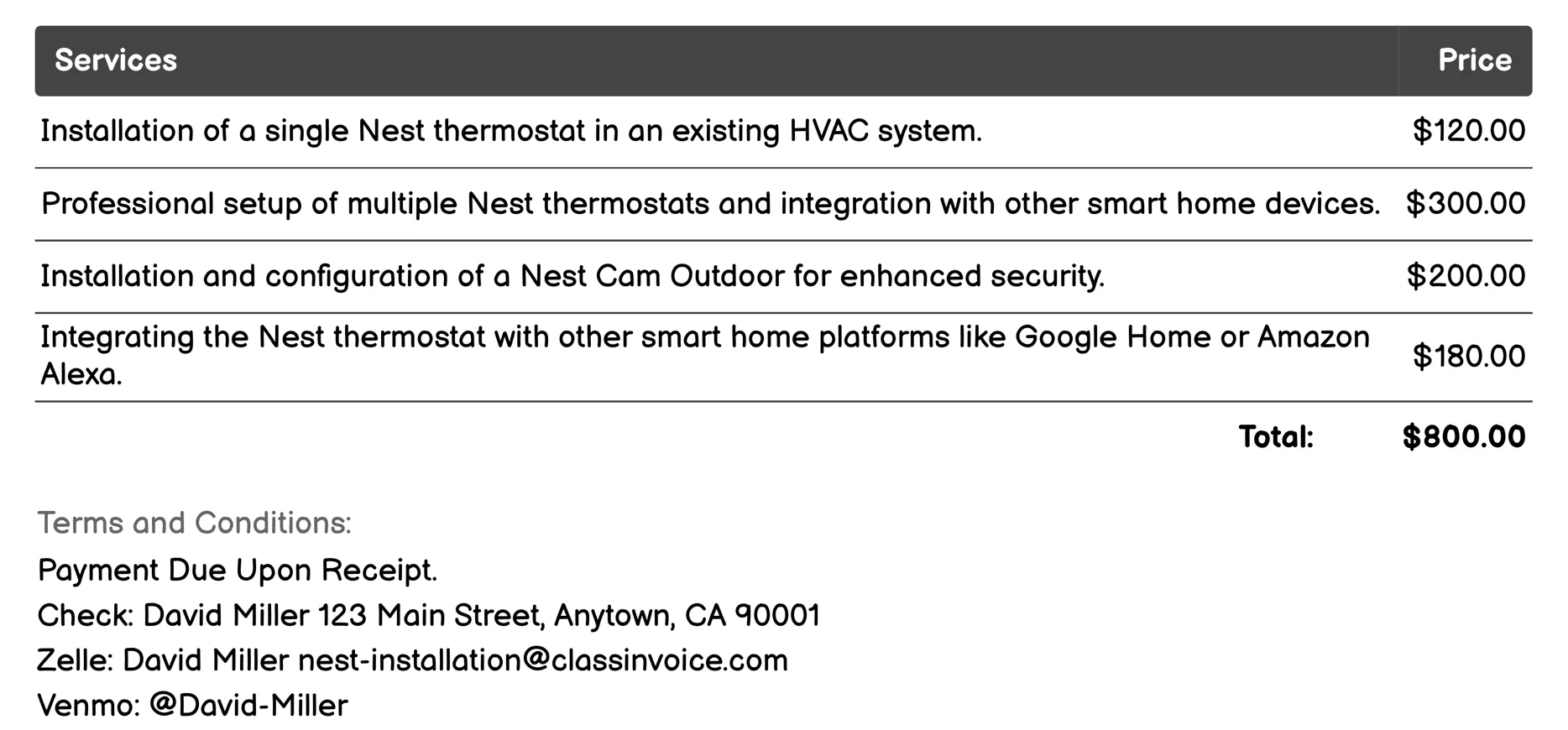 Smart Home Integration Services Invoice Example