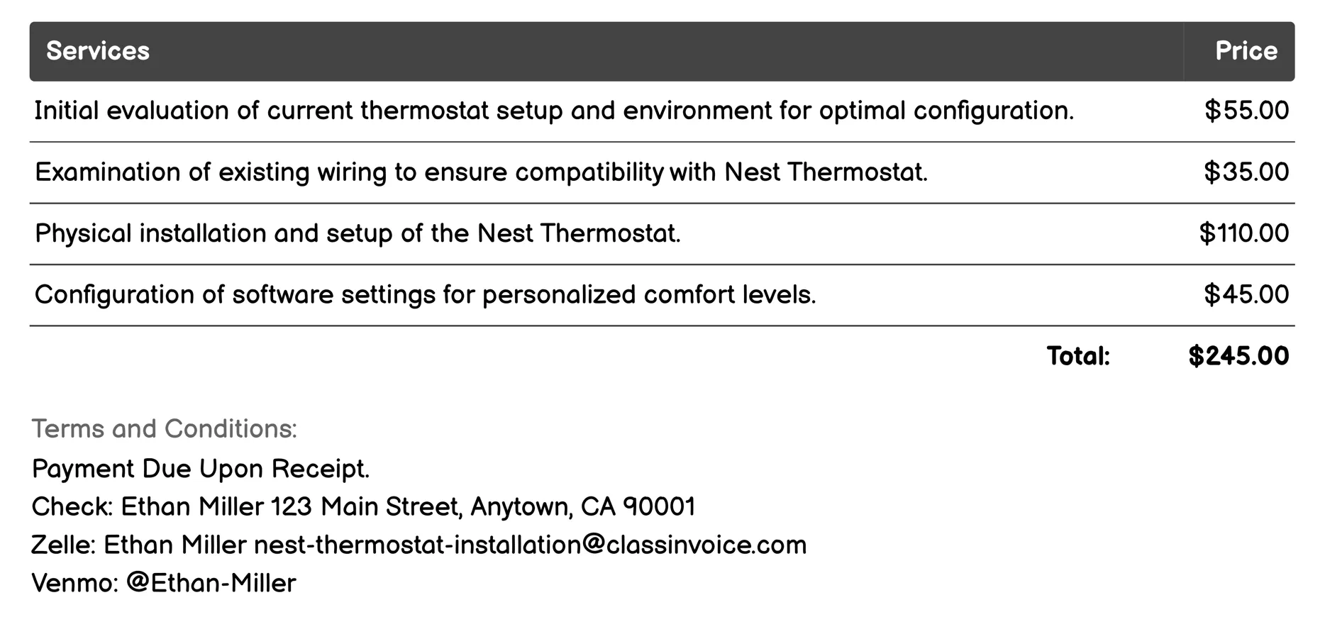 Seasonal Calibration Service Invoice Example