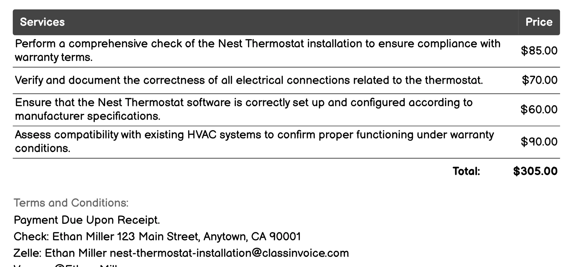Warranty Installation Checkup Invoice Example