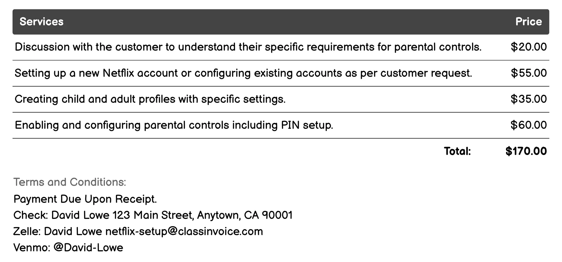 Parental Controls Setup Invoice Example
