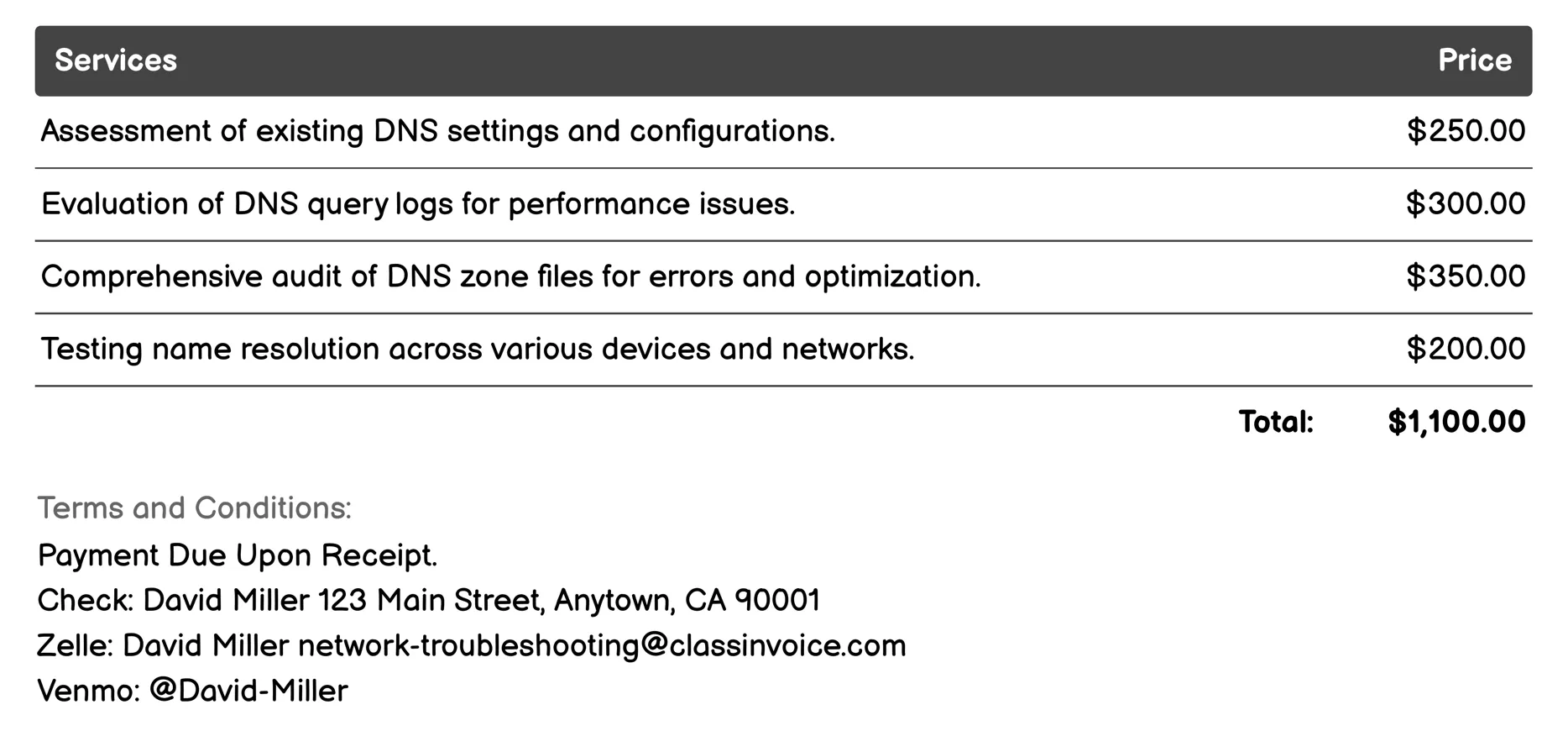 DNS Troubleshooting Invoice Example