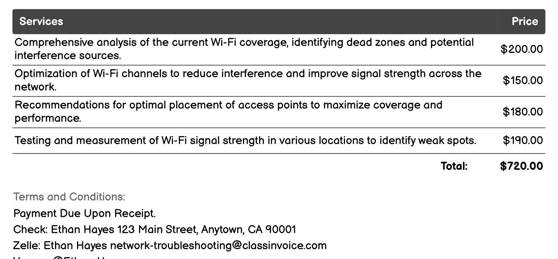 Wi-Fi Signal Optimization Invoice Example