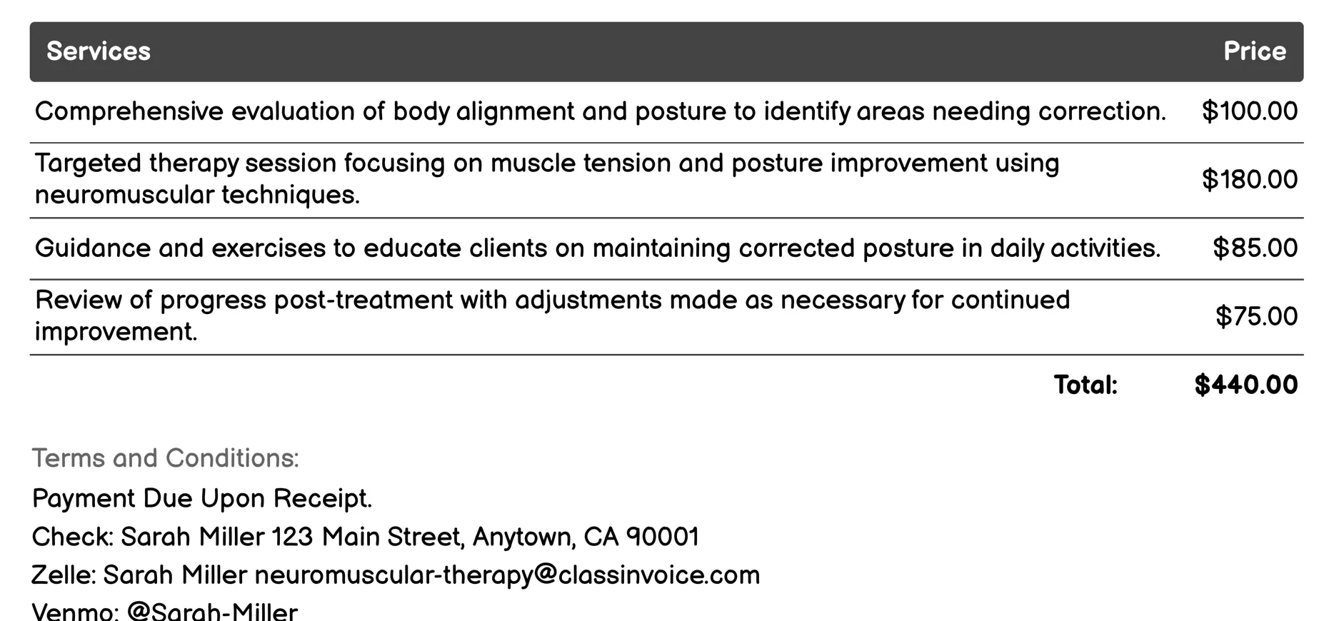 Postural Correction Invoice Example