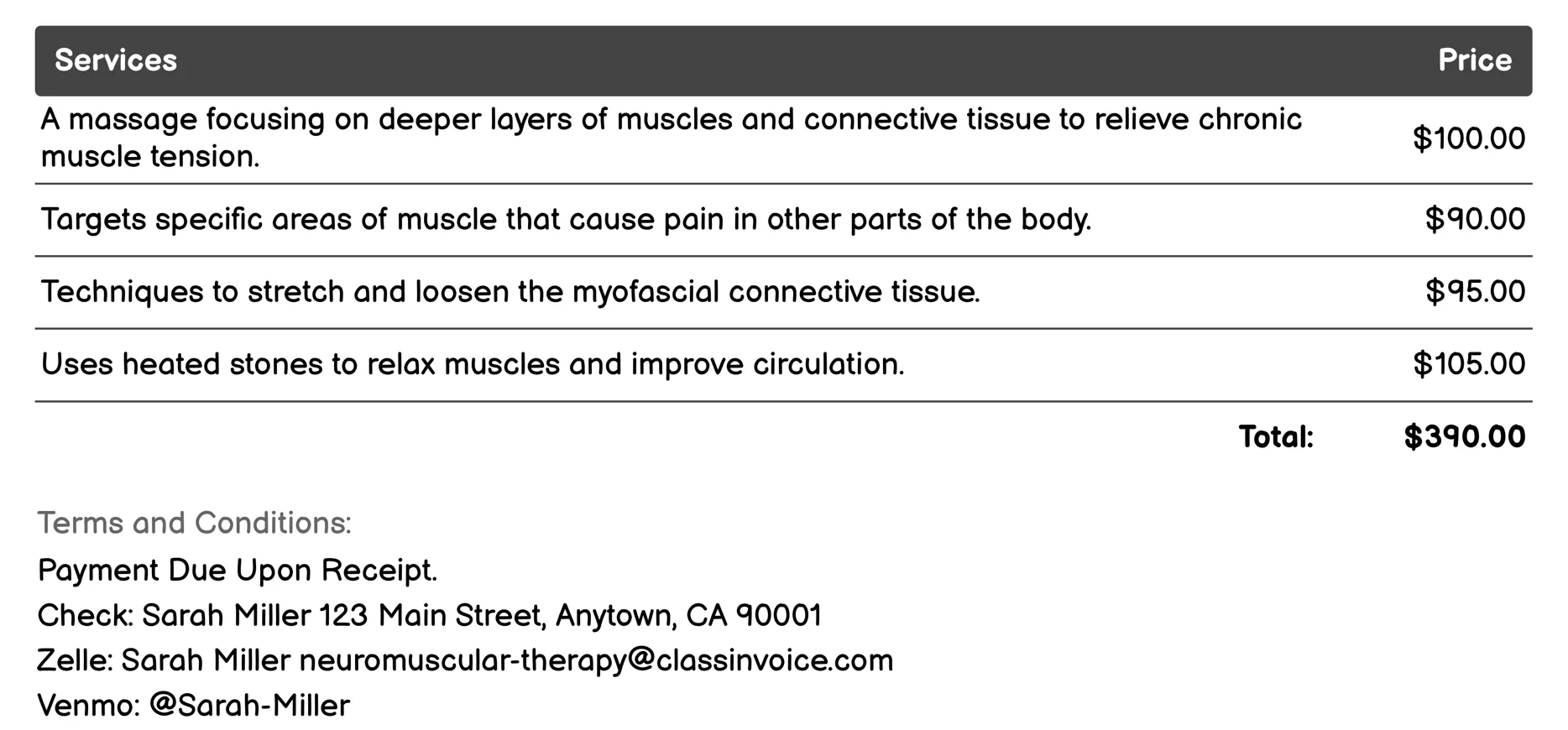 Stress Reduction Invoice Example