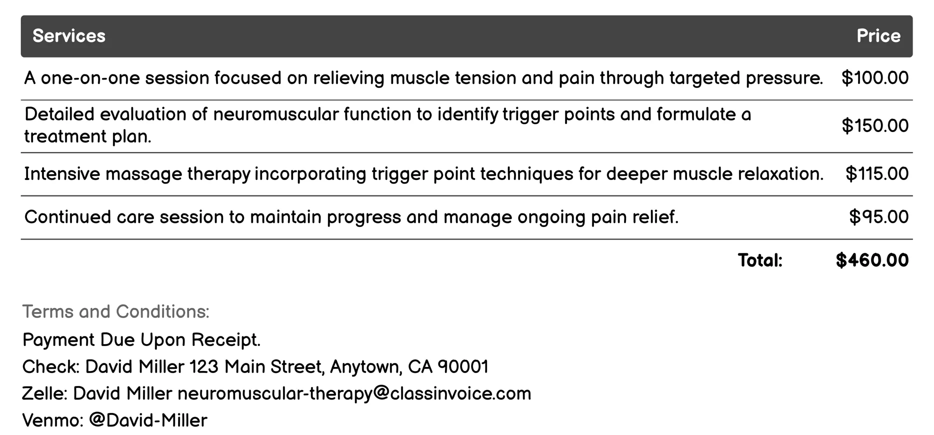 Trigger Point Therapy Invoice Example