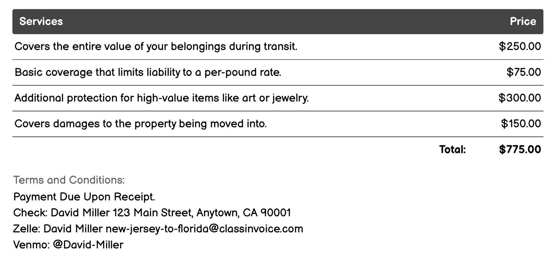 Moving Insurance Invoice Example
