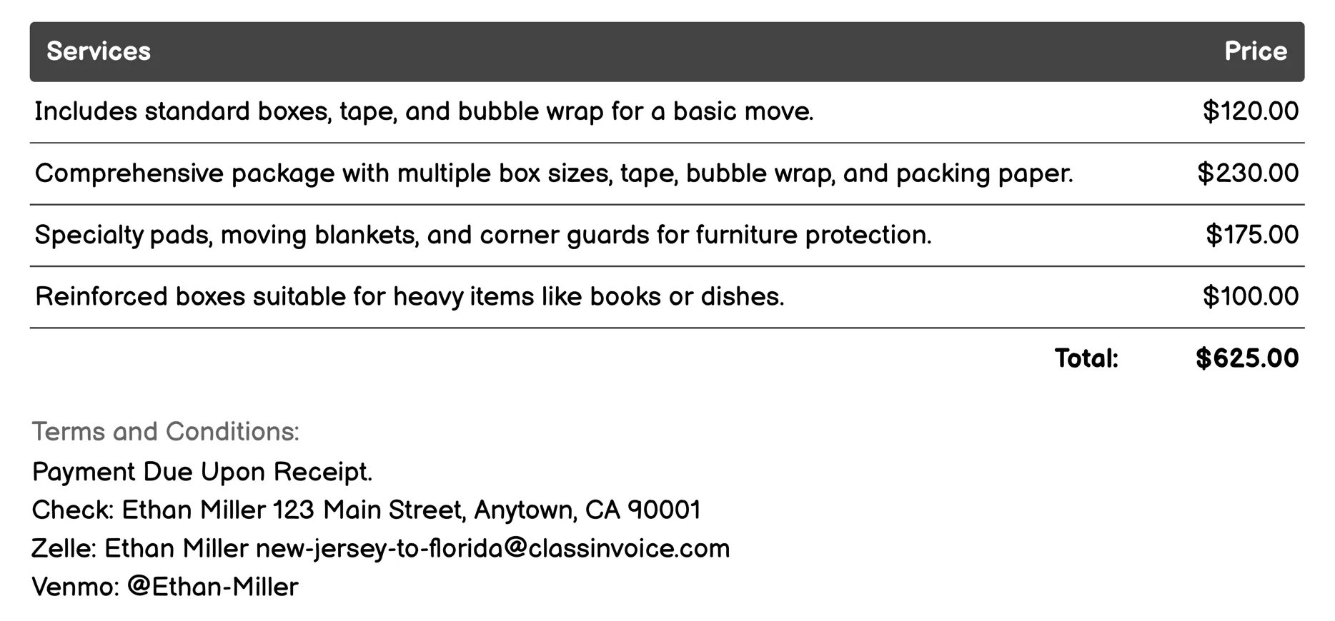 Packing Supplies Rental Invoice Example