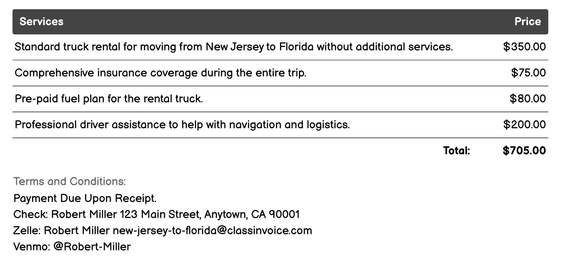 Truck Rental Services Invoice Example