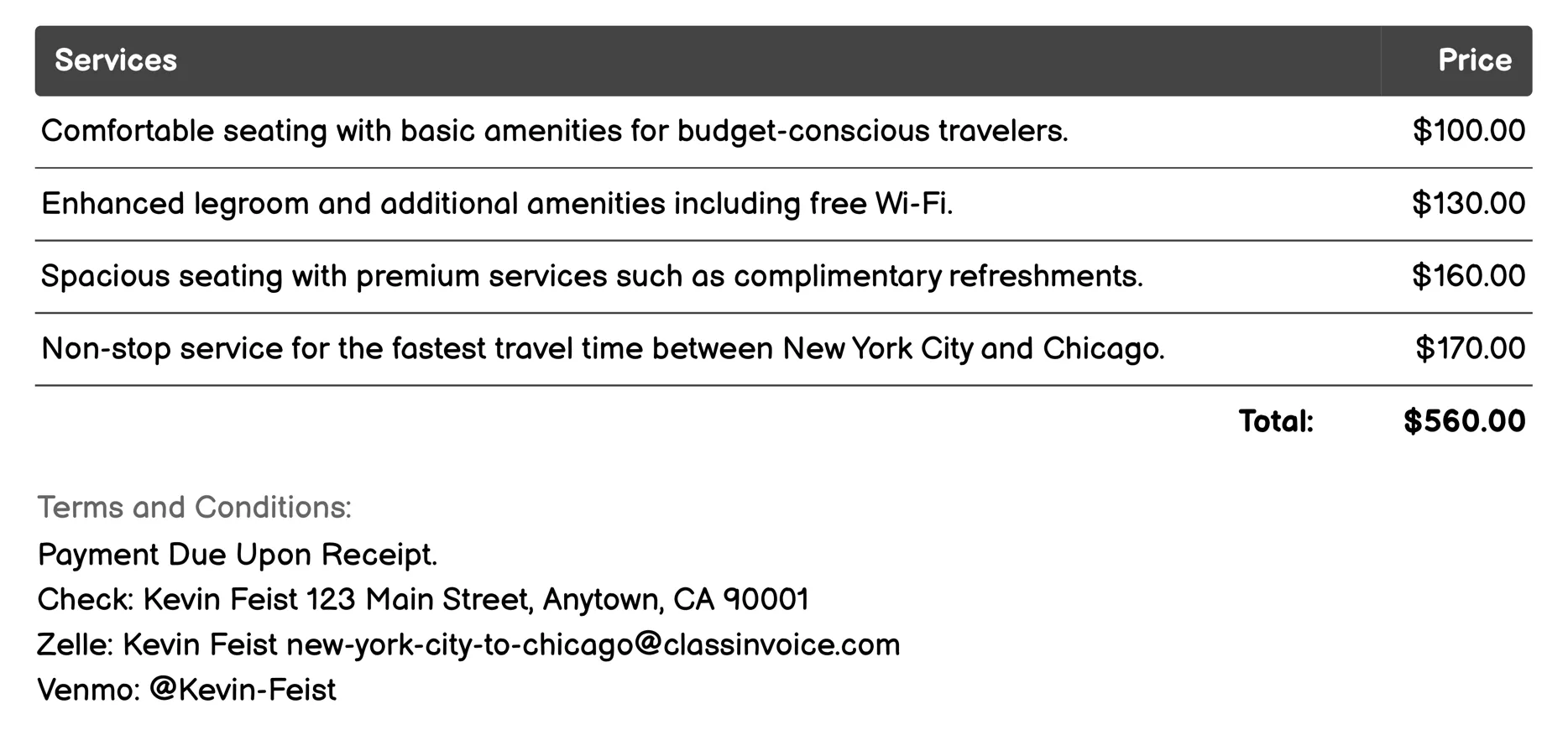 Bus Services Invoice Example