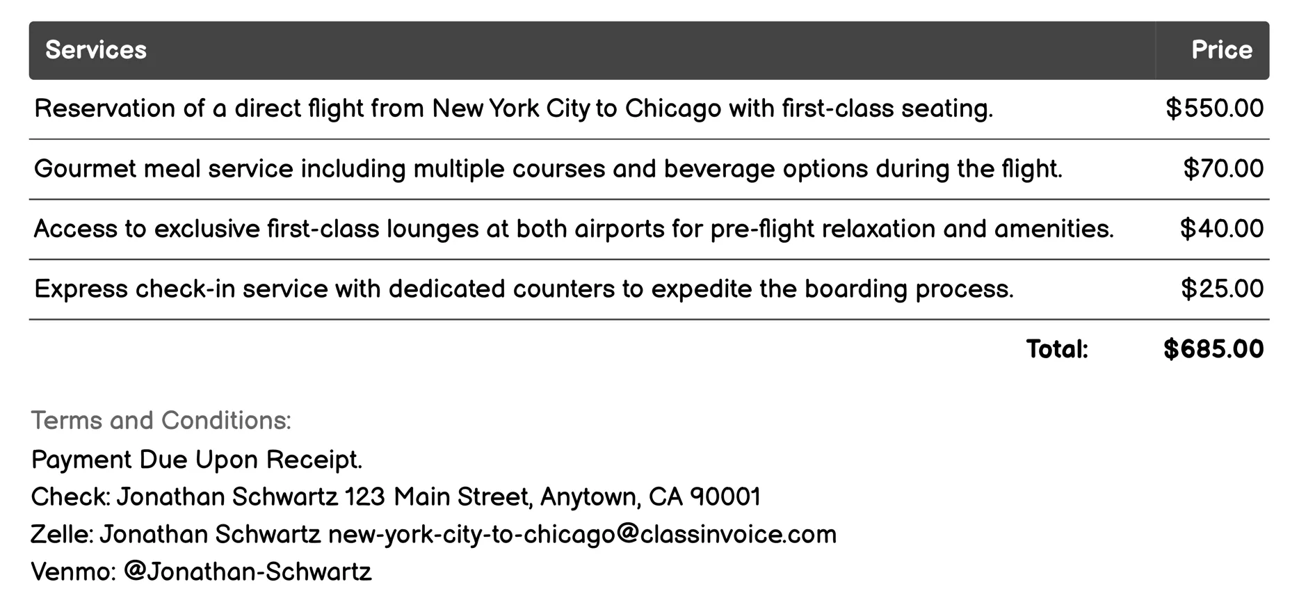 First-Class Air Travel Invoice Example