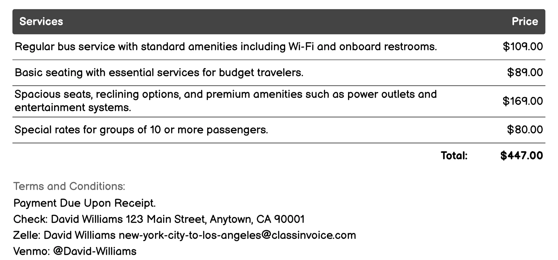 Bus Services Invoice Example