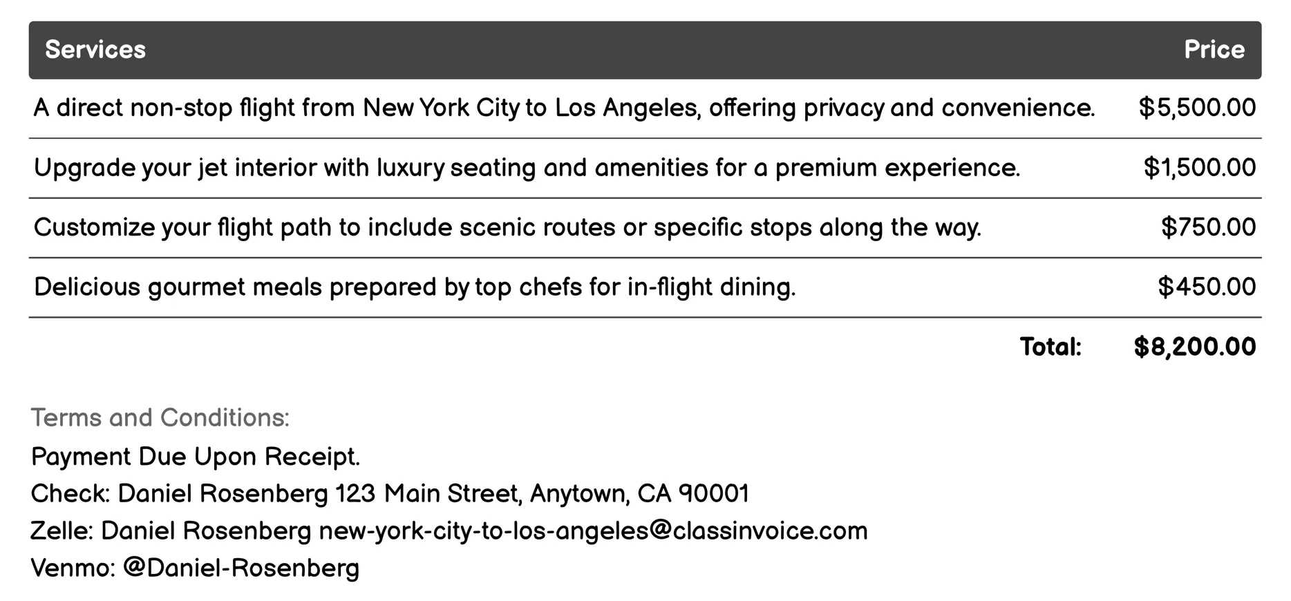 Private Charter Flights Invoice Example