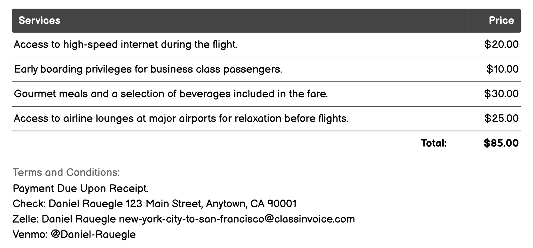 Business Class Airlines Invoice Example