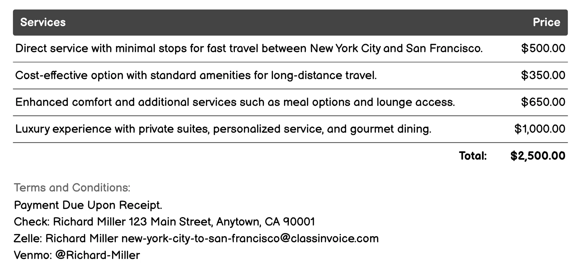 Commercial Train Services Invoice Example