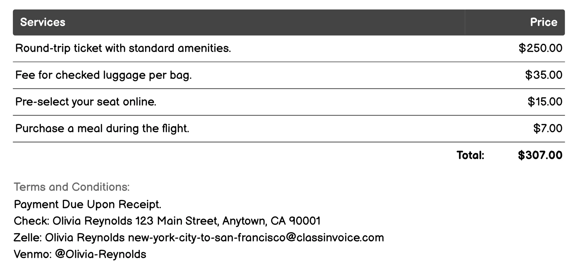 Economy Airlines Invoice Example