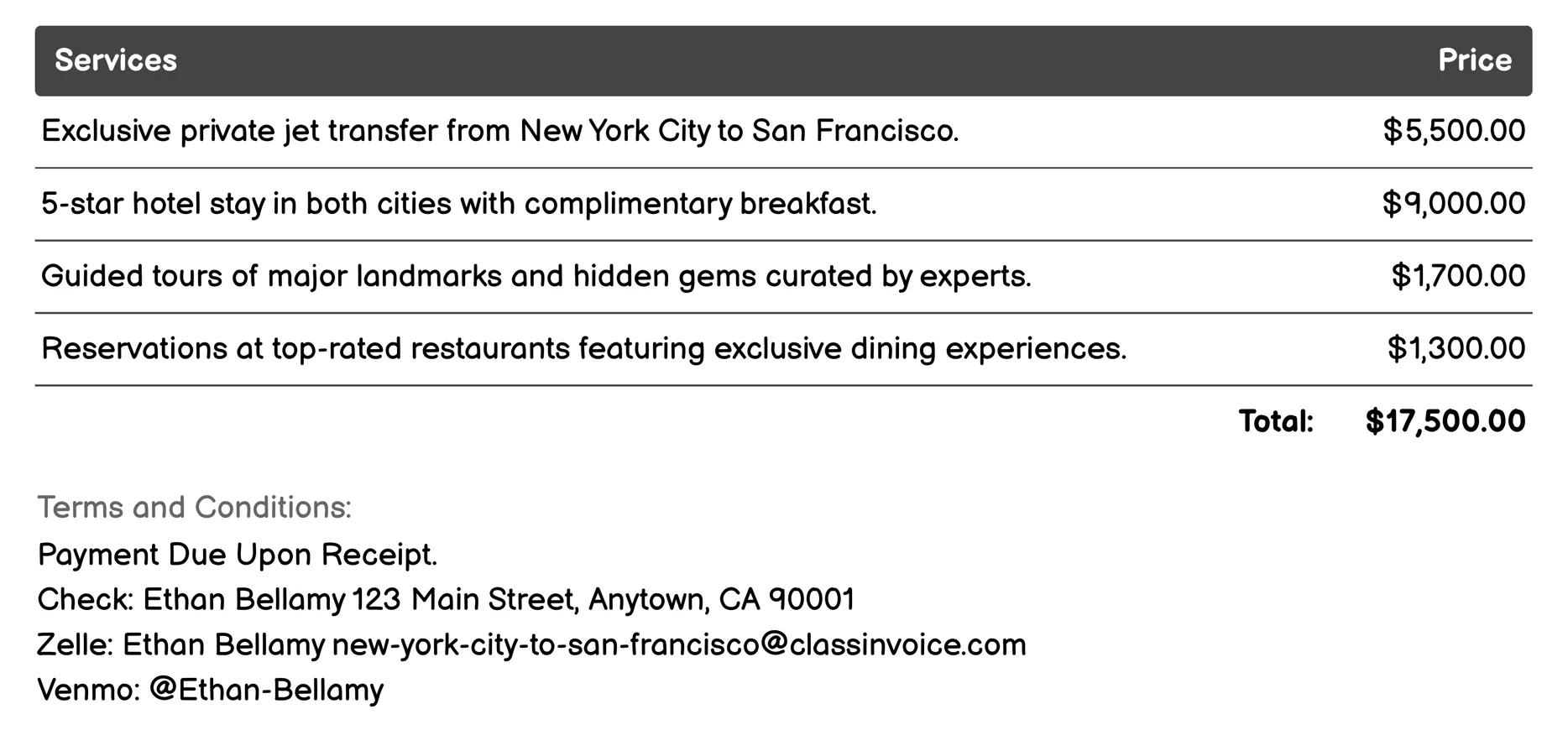 Luxury Tour Packages Invoice Example