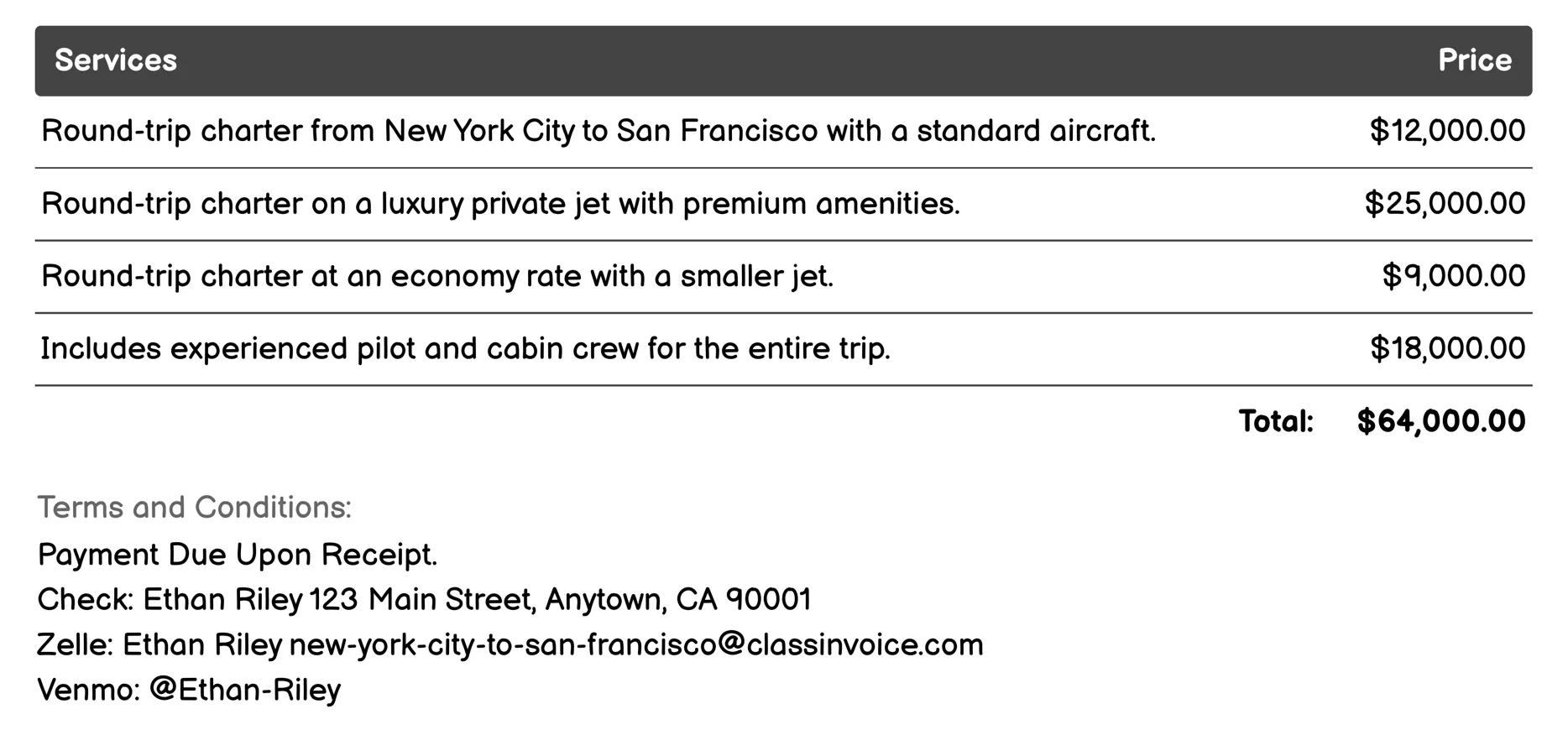 Private Jet Charters Invoice Example