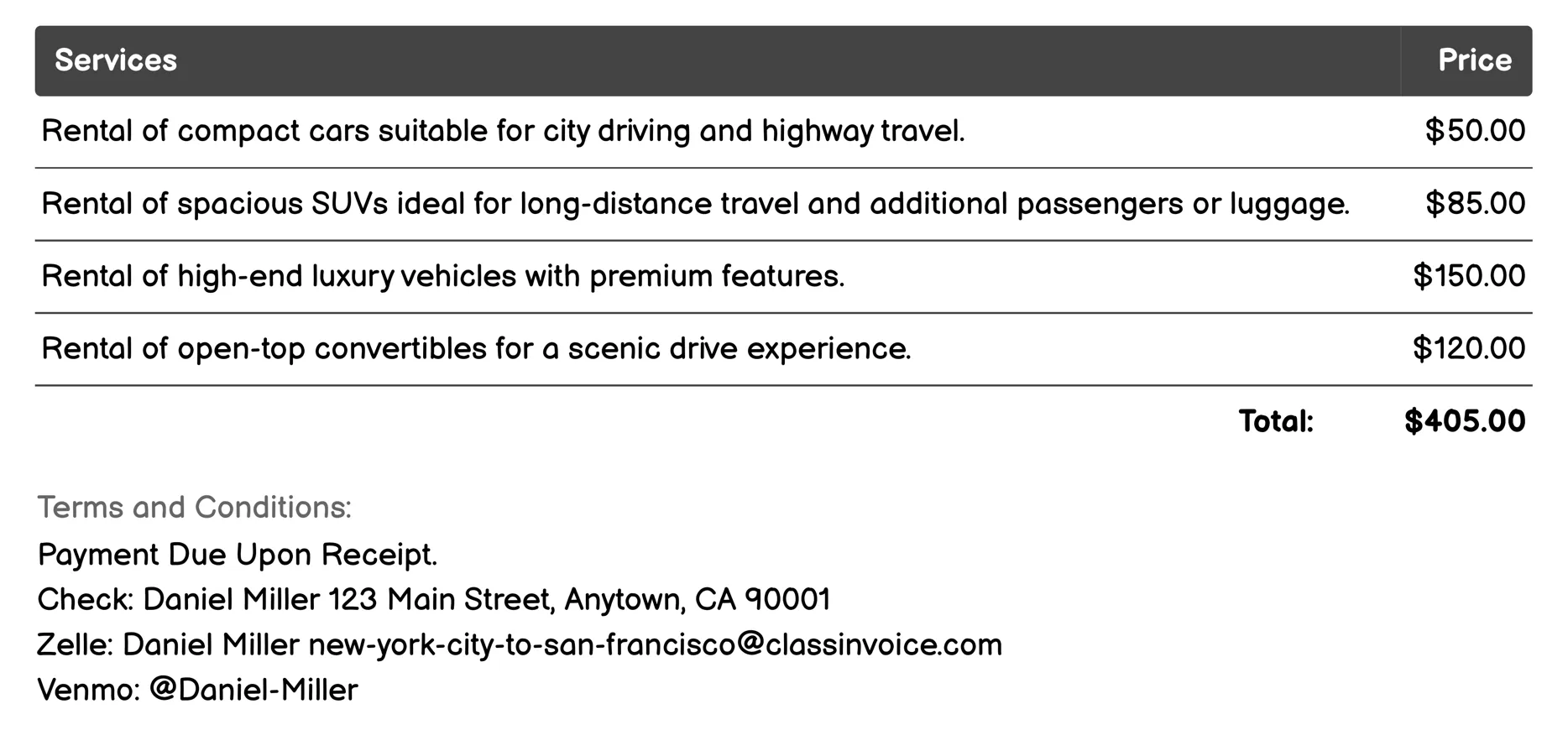 Rental Car Services Invoice Example