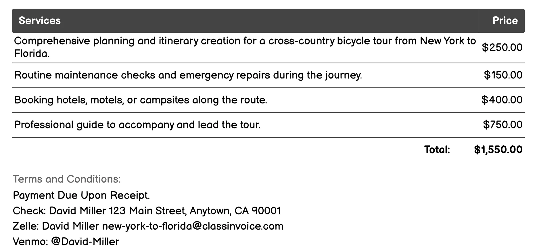 Bicycle Tours Invoice Example