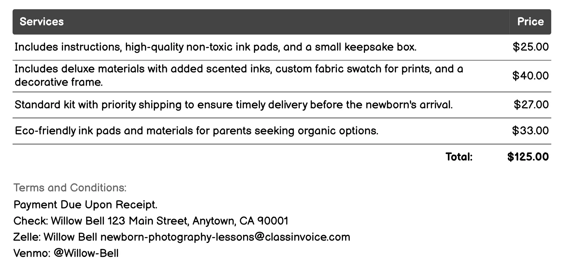 Newborn Handprint/Feetprints Kit Invoice Example