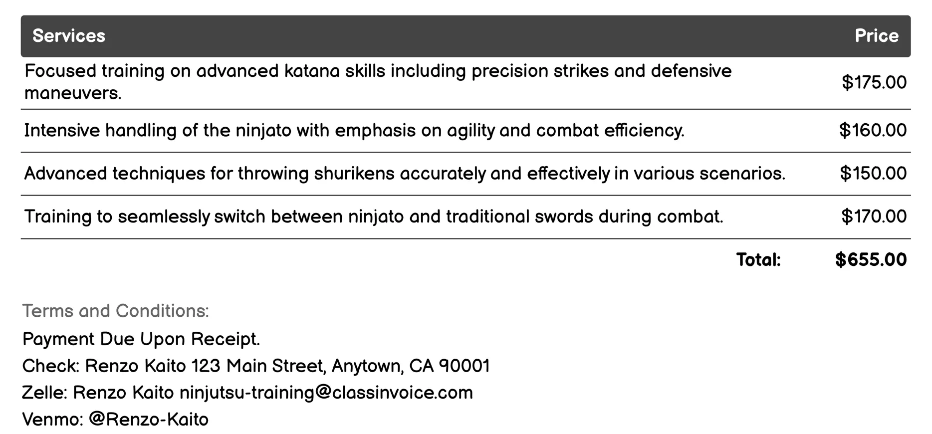 Advanced Weapon Handling Invoice Example