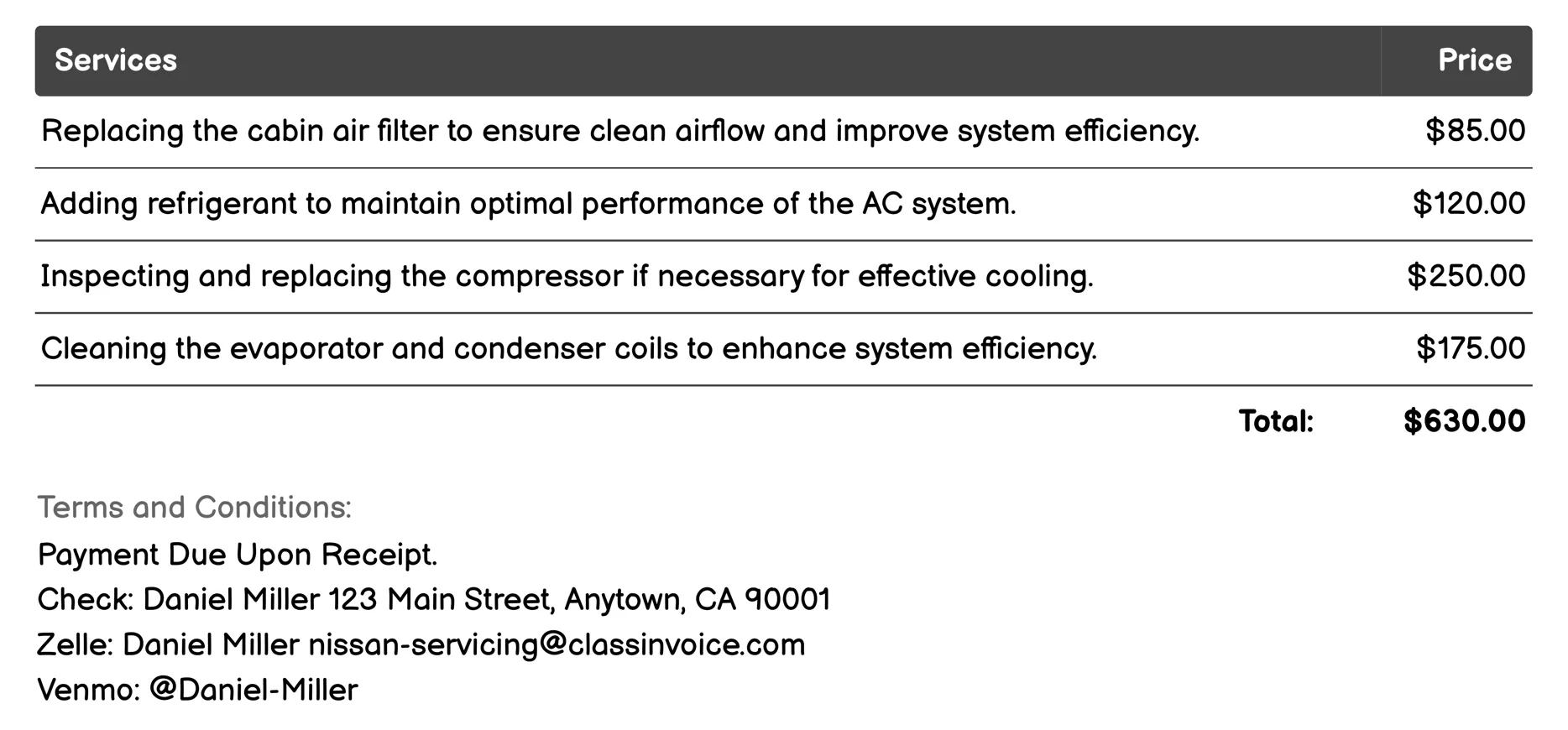 Air Conditioning System Service Invoice Example