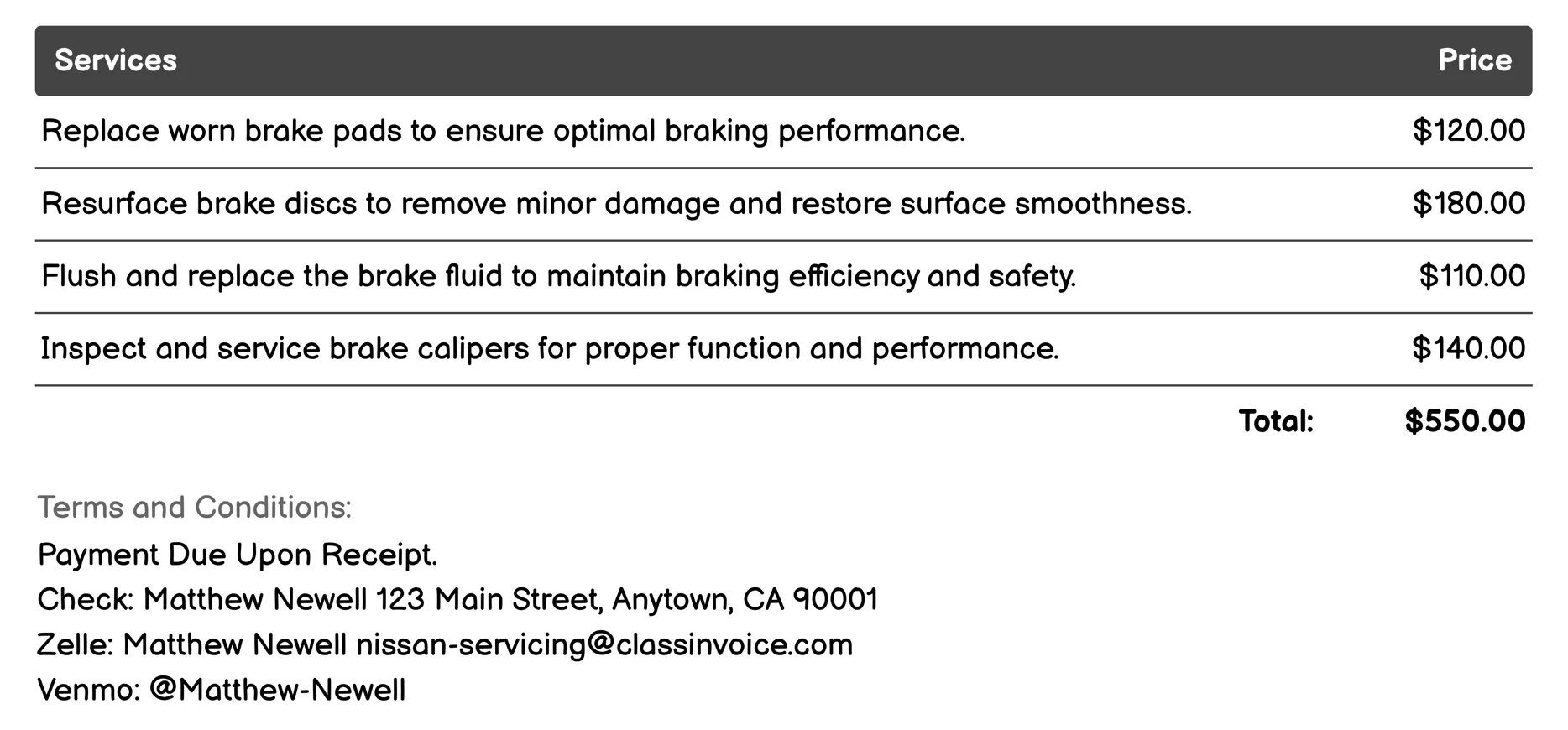 Brake Inspection and Service Invoice Example
