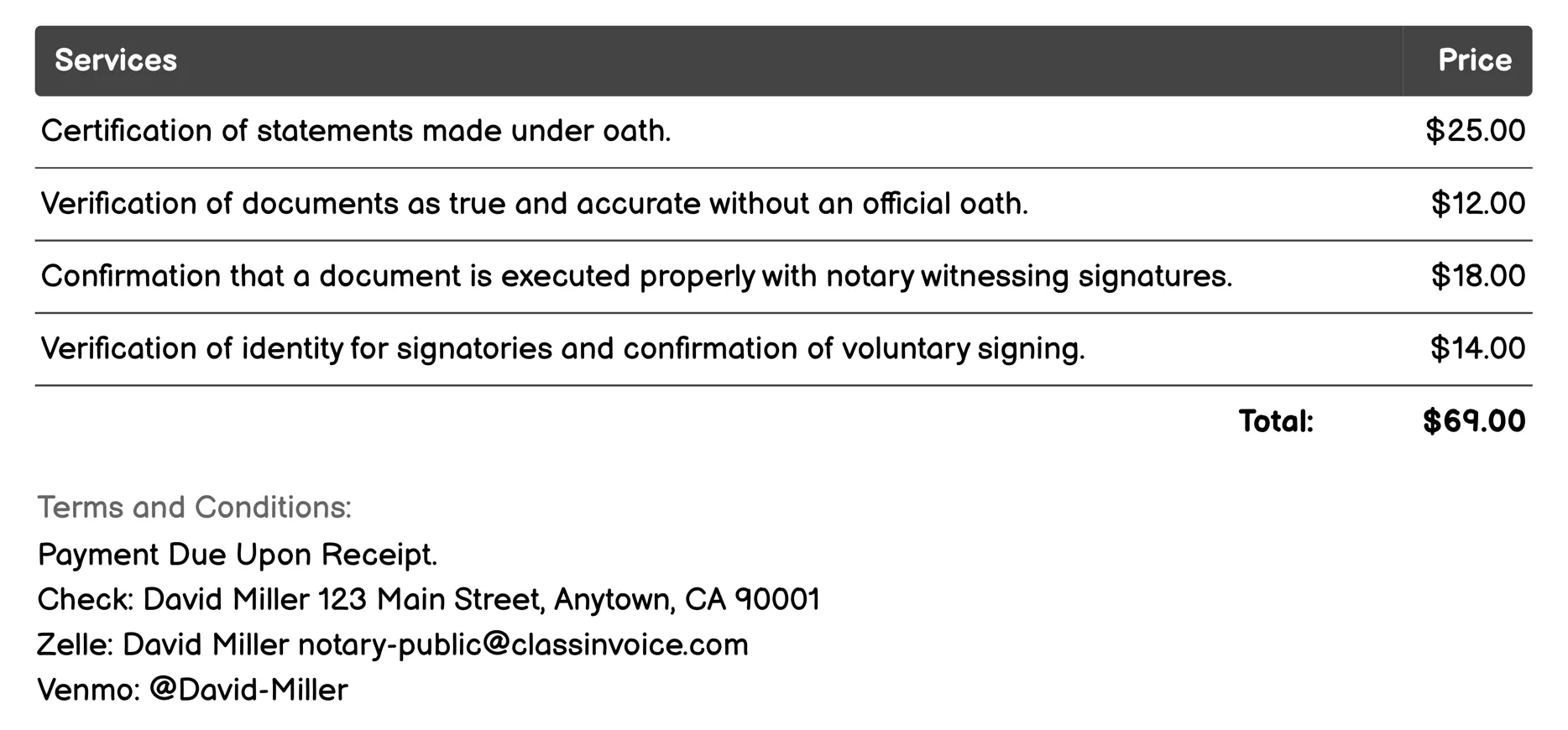 Statutory Notarial Acts Invoice Example