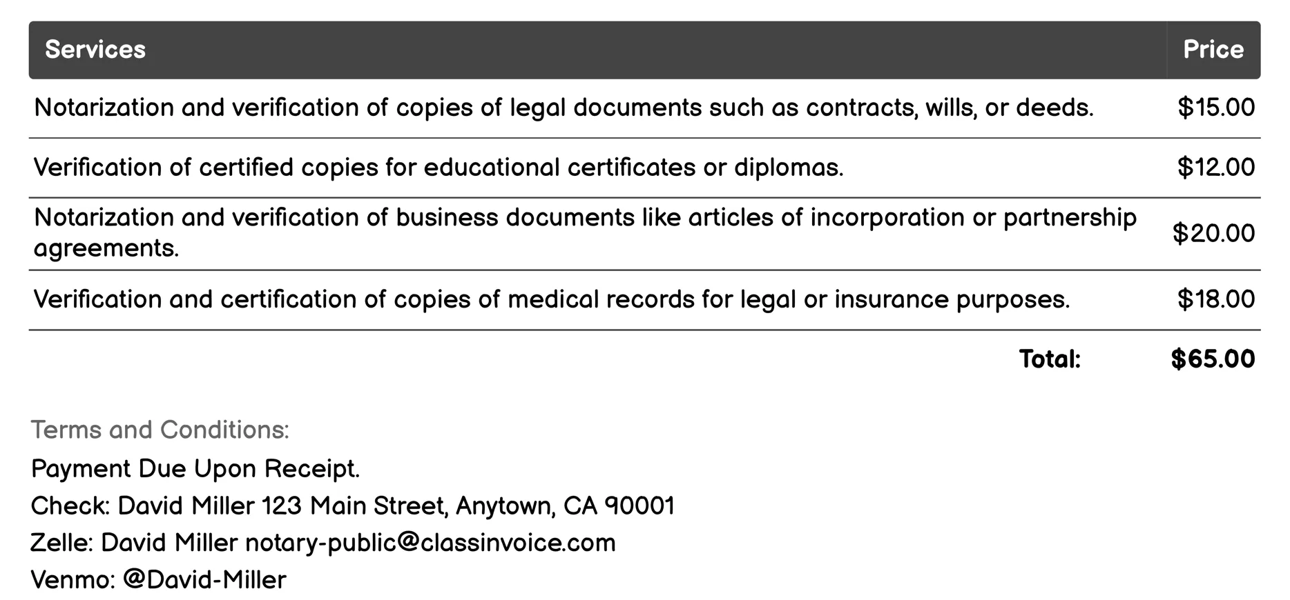 Verification of Copies Invoice Example