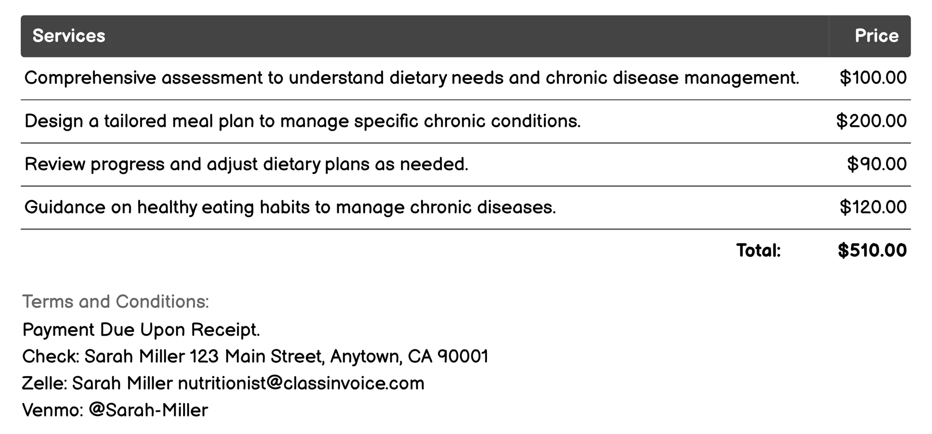 Chronic Disease Management Invoice Example