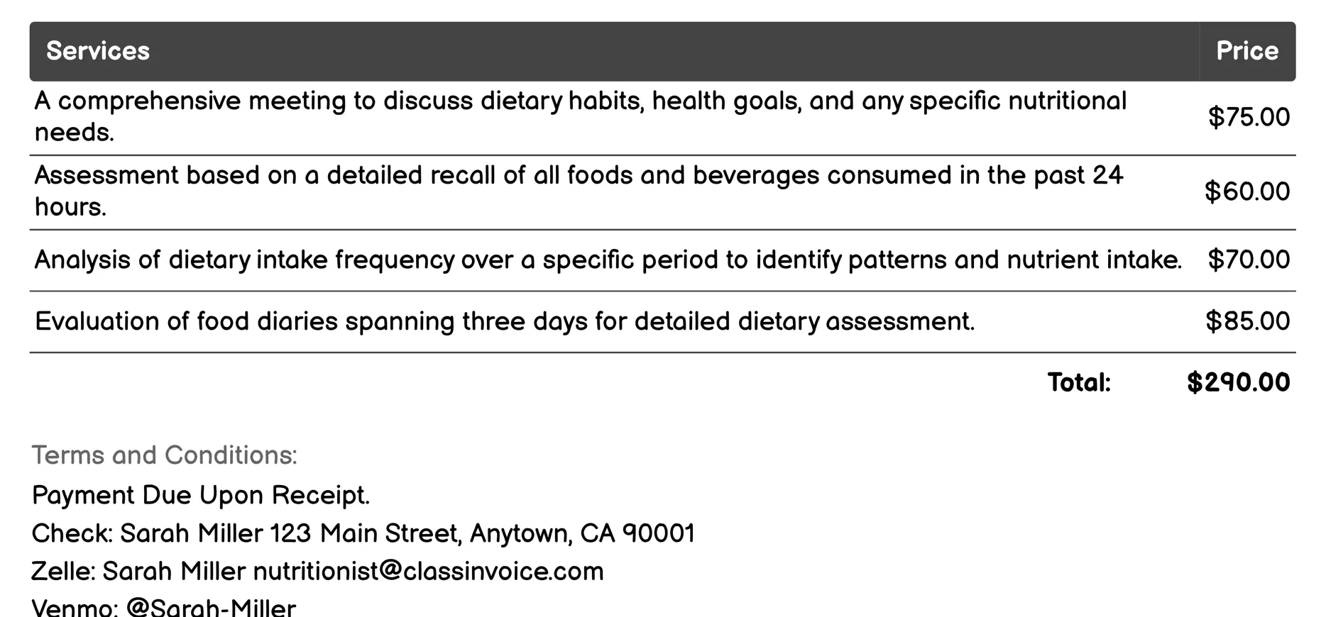 Dietary Assessment Invoice Example