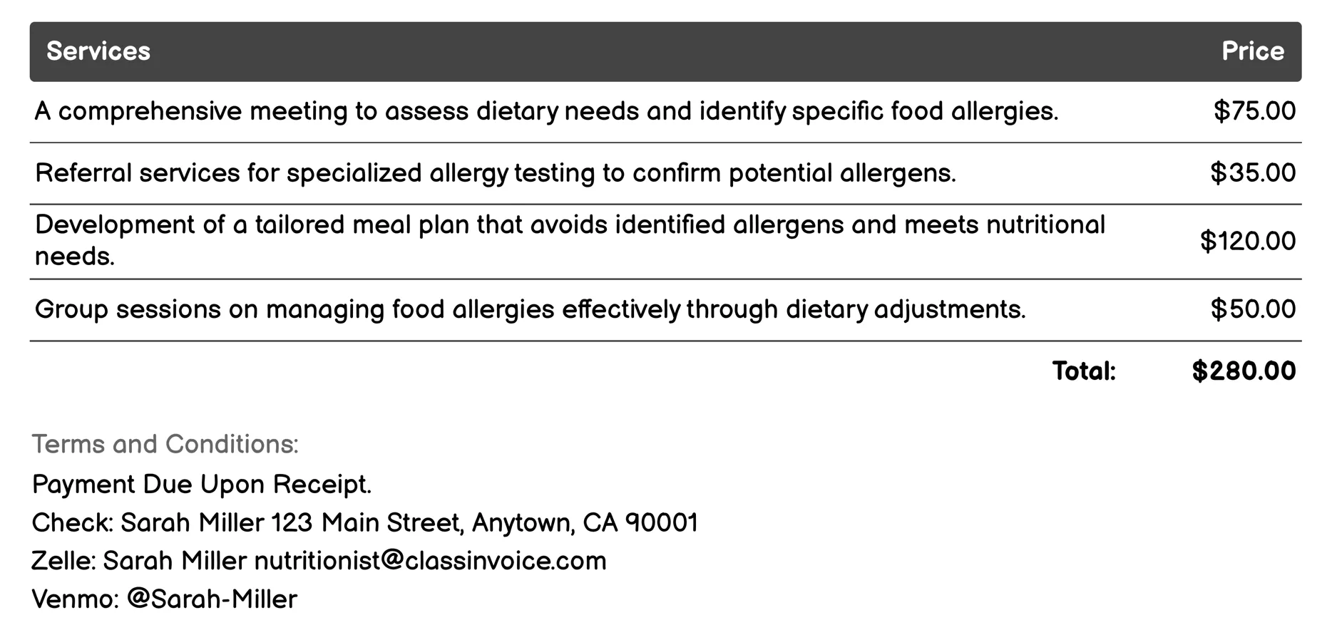 Food Allergy Management Invoice Example