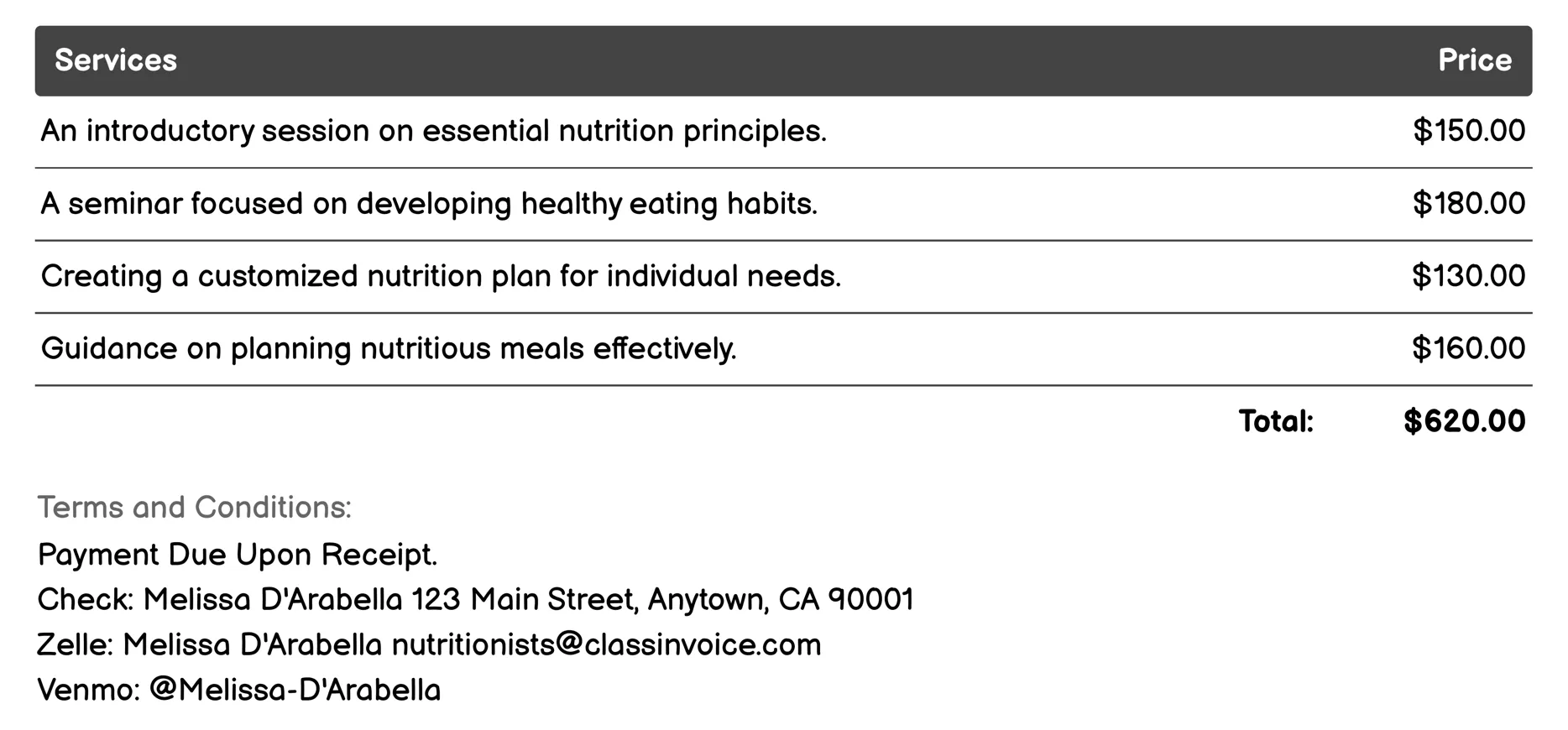 Nutrition Education Invoice Example