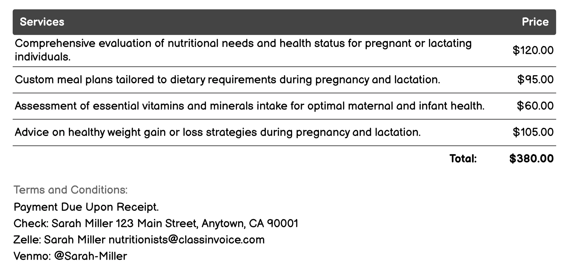 Nutritional Counseling for Pregnancy and Lactation Invoice Example